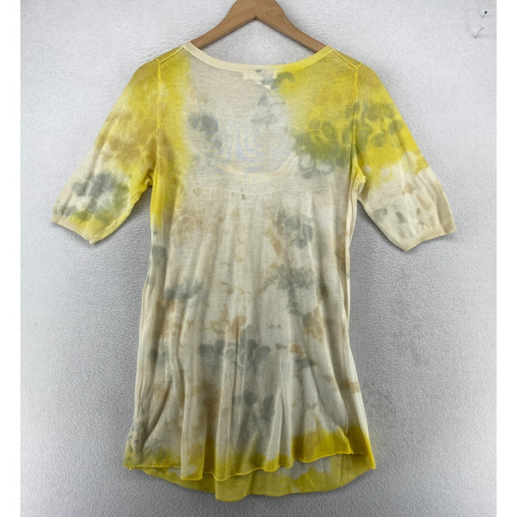 MARIKA CHARLES Sweater 2 Tie Dye Tunic Pleated Scoop Neck Elbow Sleeve Yellow - Picture 3 of 14